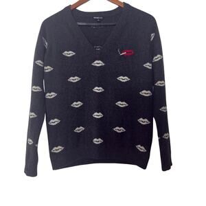 MINNIE ROSE 100% Cashmere Lip Print Sweater Black V-Neck Size XS